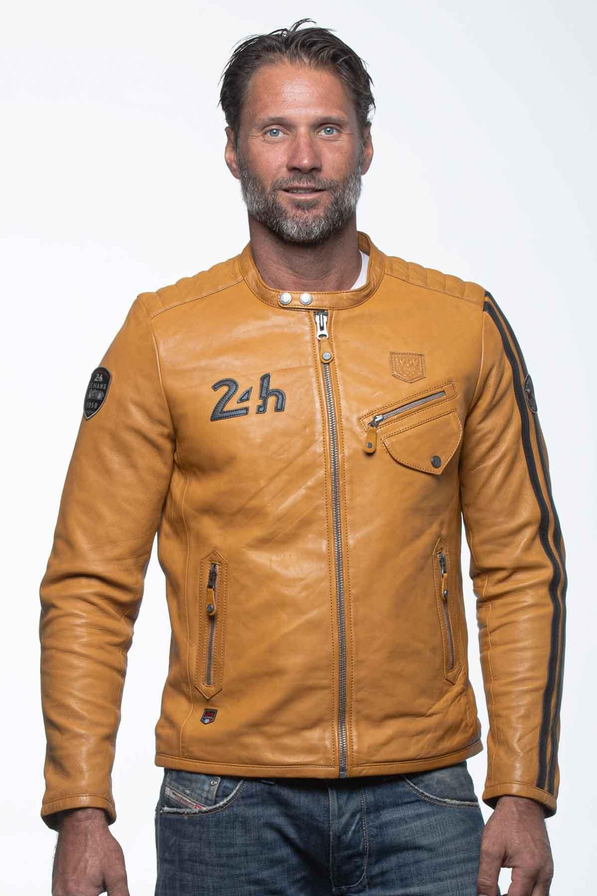 Yellow sheepskin jacket with a regular fit, inspired by motorsport. - Image n°2