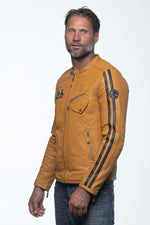 Yellow racing biker collar leather jacket - Image n°5