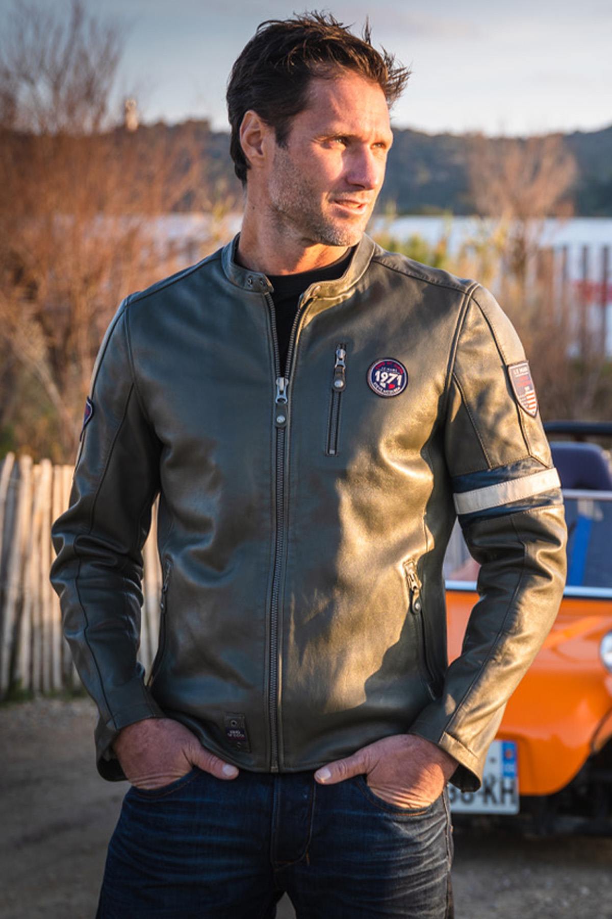 Slim khaki sheep leather jacket. Biker edge, McQueen's timeless touch. - Image n°1