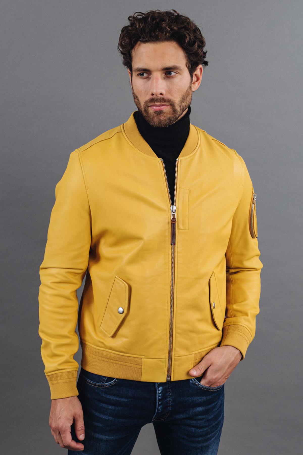 Yellow lambskin jacket, slim fit. Redskins x Patrouille de France. - Image n°3