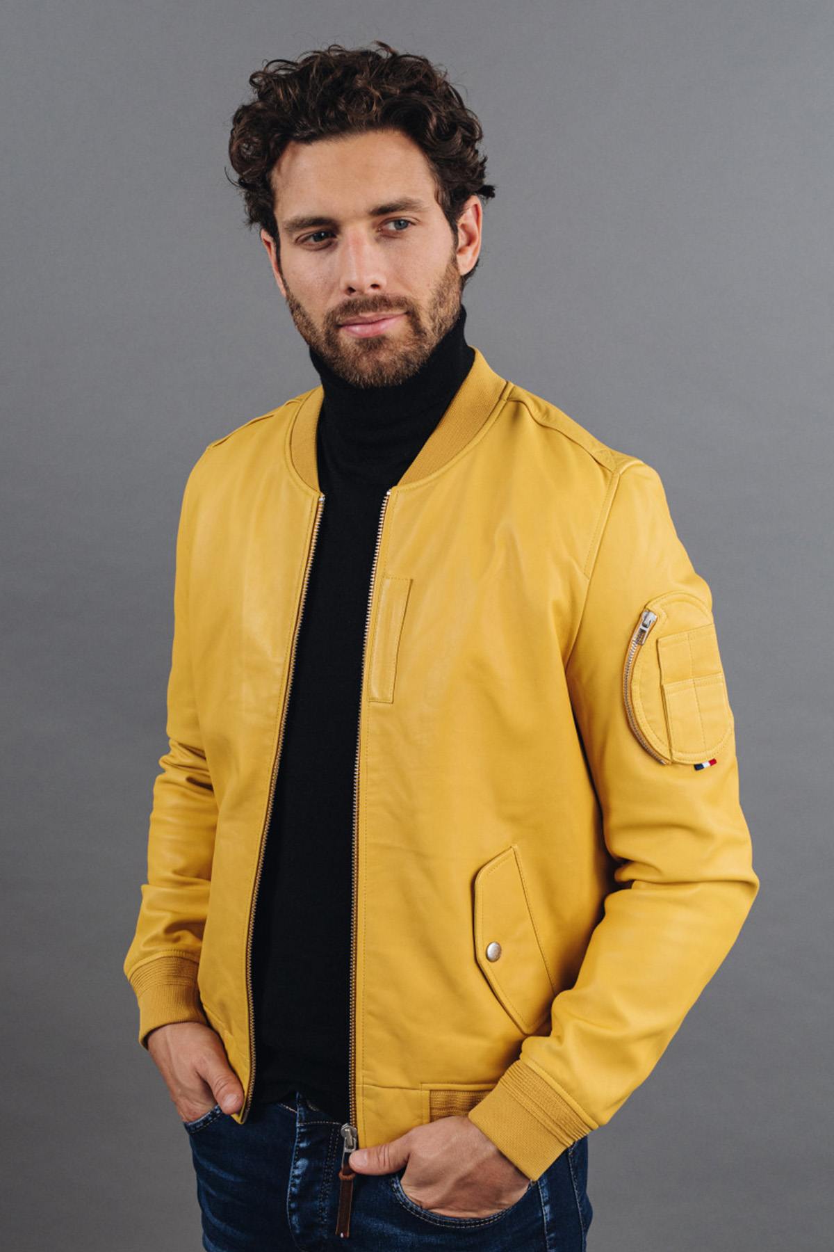 Yellow lambskin jacket, slim fit. Redskins x Patrouille de France. - Image n°5