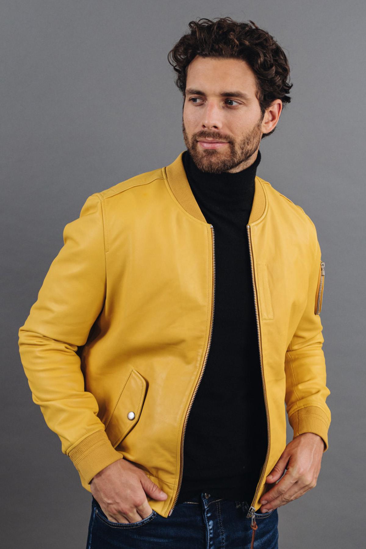 Yellow lambskin jacket, slim fit. Redskins x Patrouille de France. - Image n°1