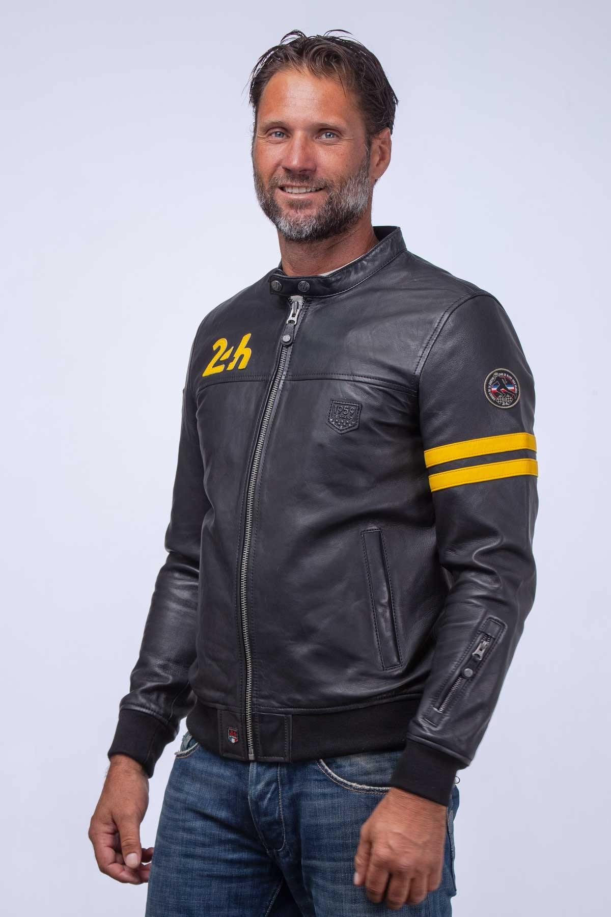 Matte black sheep leather jacket. Racing-inspired, regular fit. - Image n°6