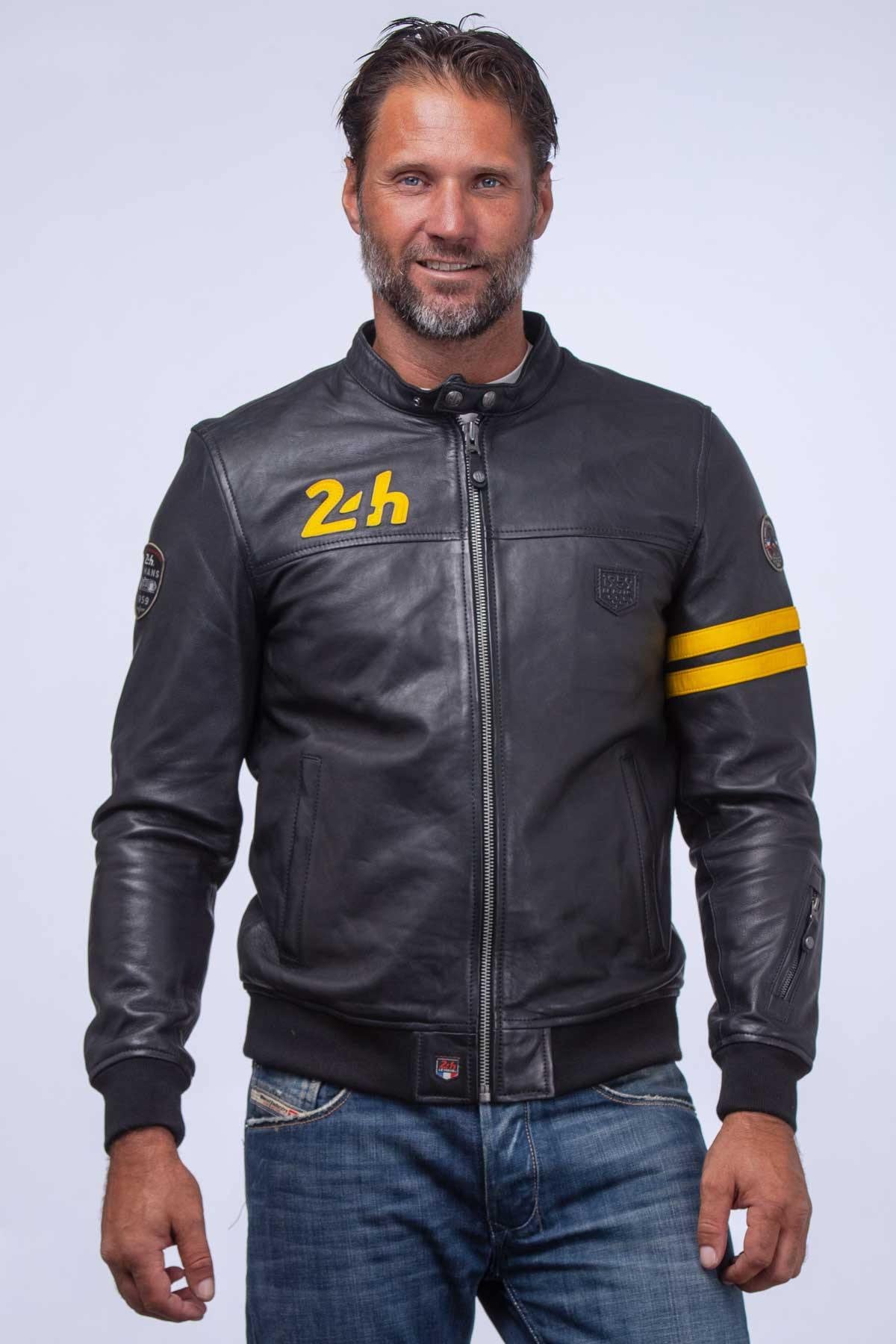 Matte black sheep leather jacket. Racing-inspired, regular fit. - Image n°1