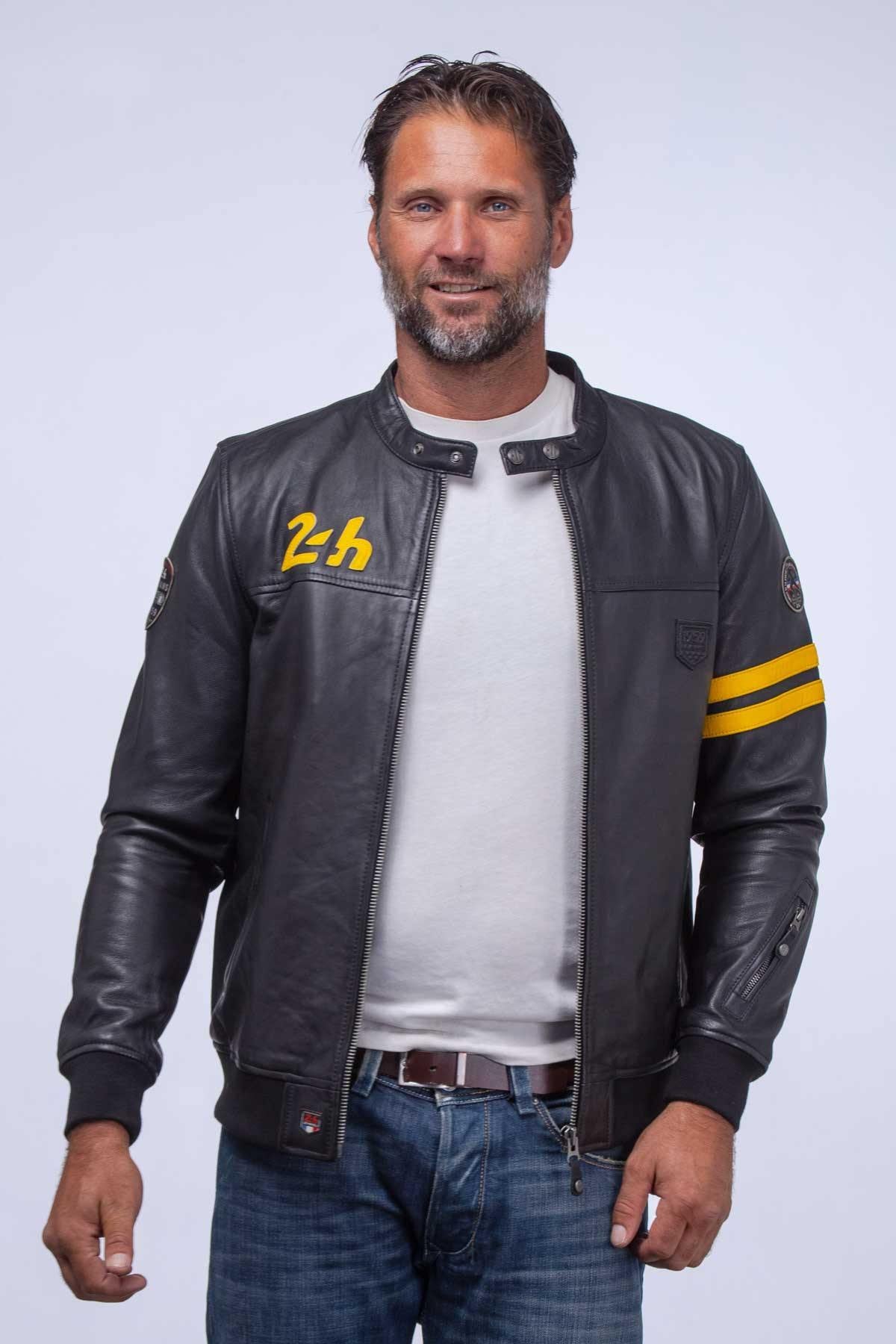 Black leather racing jacket with yellow details - Image n°4