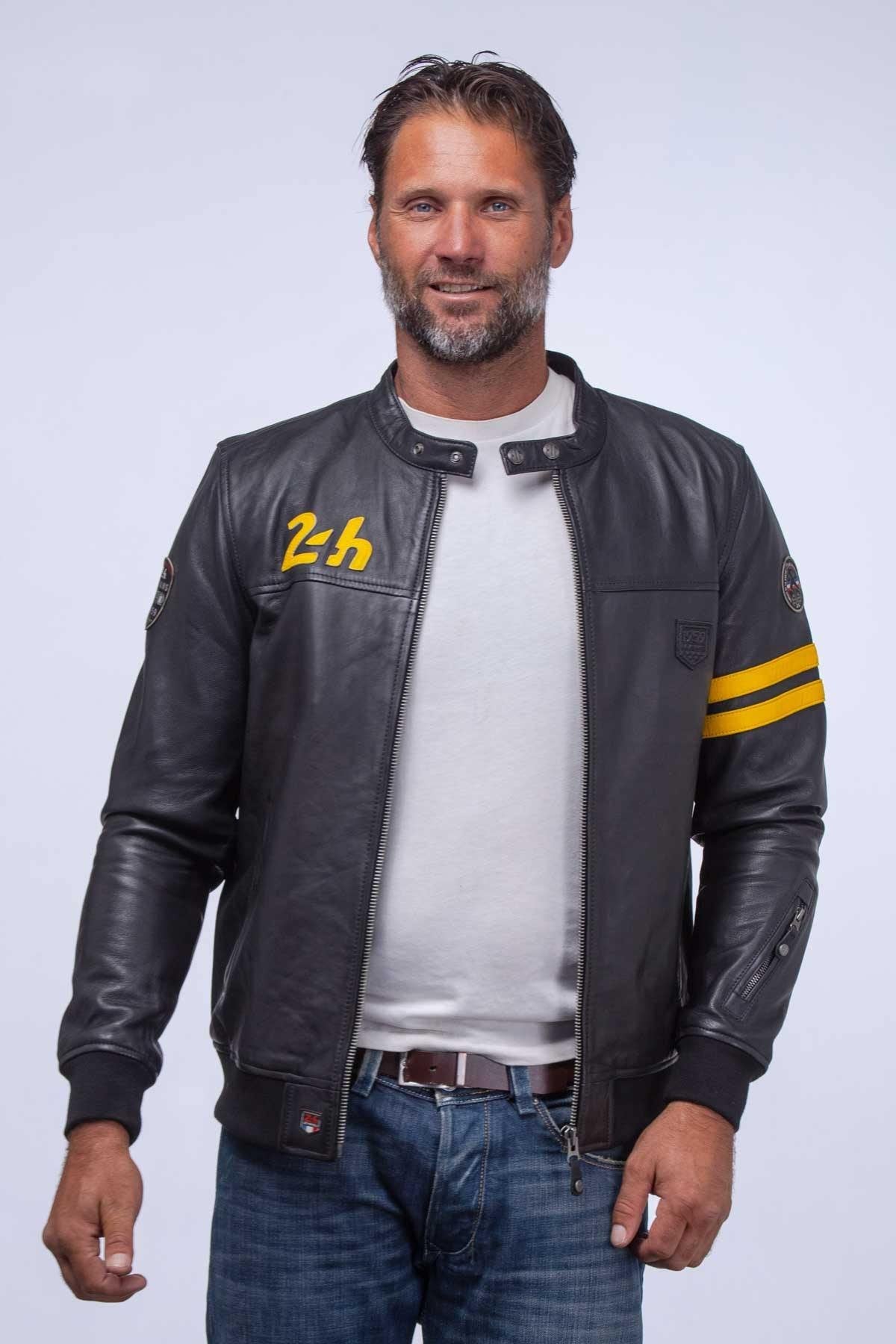 Black leather racing jacket with yellow details - Image n°4
