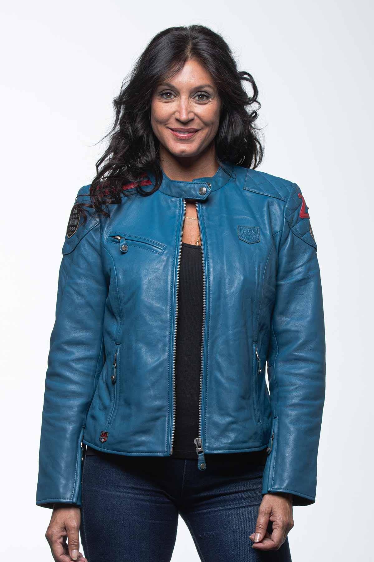 Ocean-blue lambsheep leather jacket, relaxed fit for women. - Image n°1