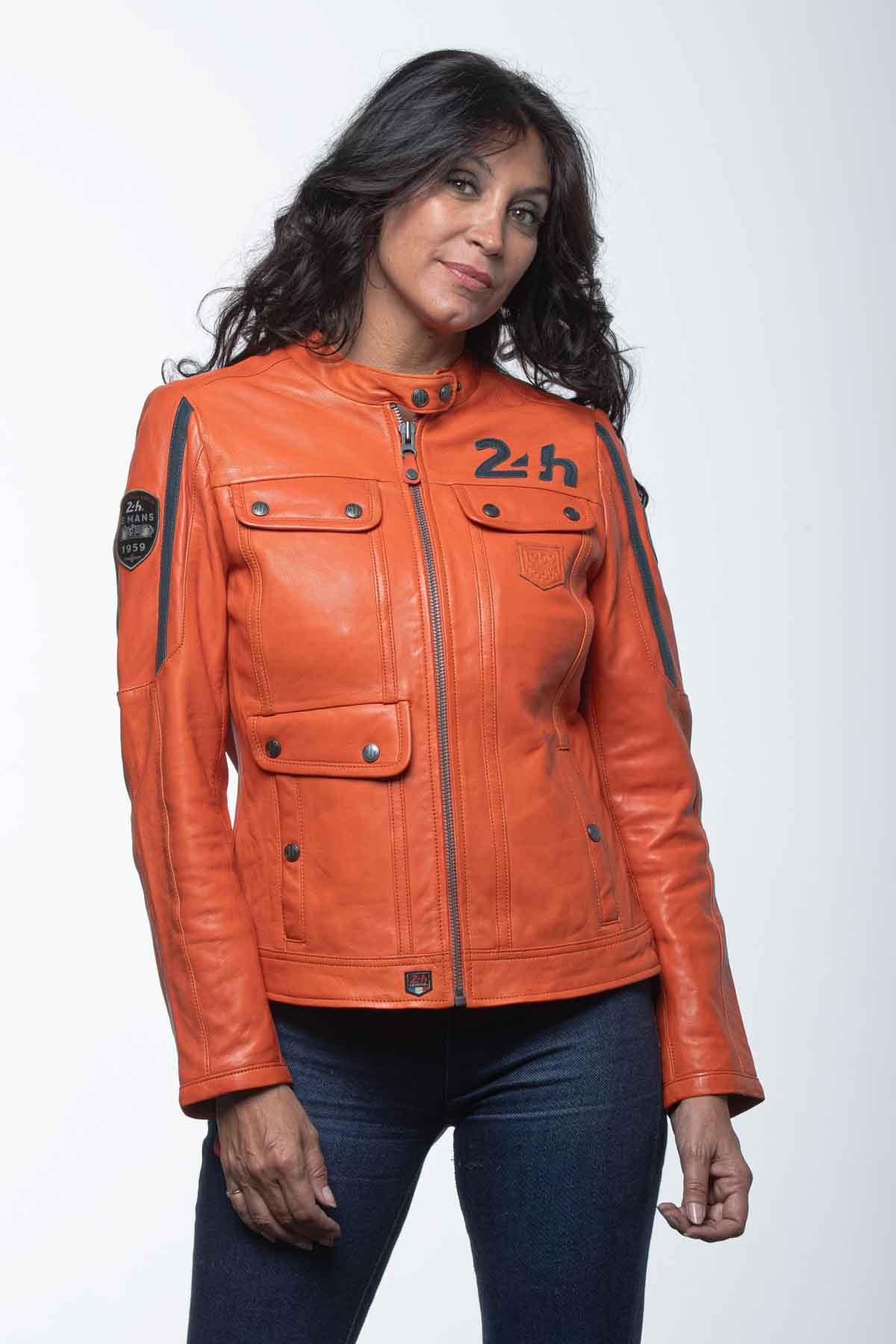 Bold orange sheepskin jacket, lightweight and soft, Le Mans-inspired. - Image n°1