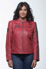 Red sheepskin biker jacket with 24h Le Mans patches-speed meets style. - Image n°2