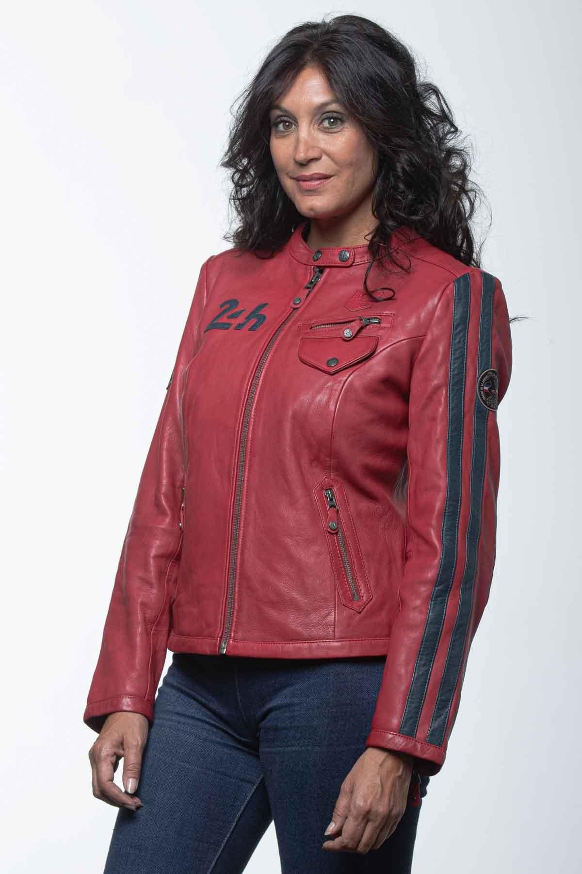 Red sheepskin biker jacket with 24h Le Mans patches-speed meets style. - Image n°1
