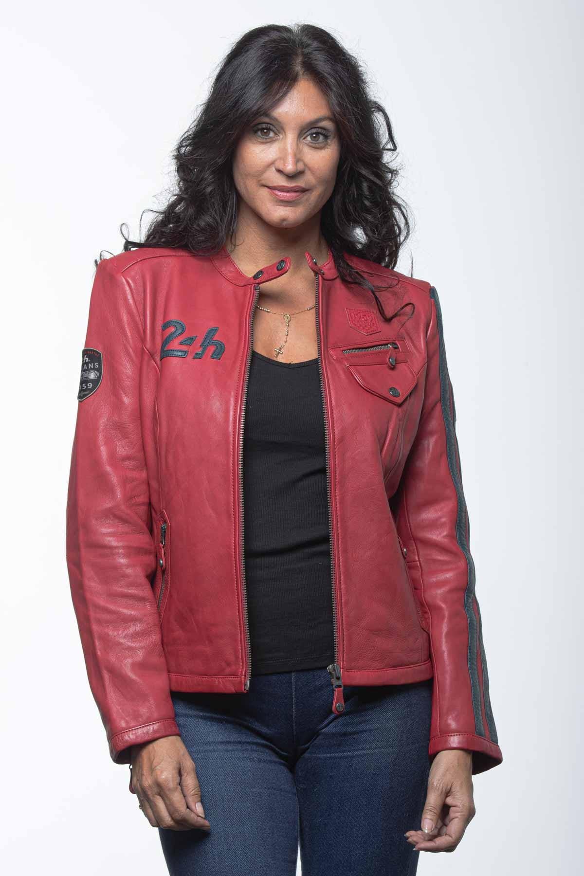 Red sheepskin biker jacket with 24h Le Mans patches-speed meets style. - Image n°4