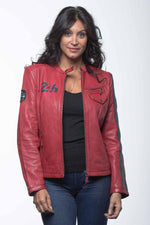 Red sheepskin biker jacket with 24h Le Mans patches-speed meets style. - Image n°4