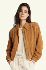 Slim cognac suede bomber in goat suede, elasticated cuffs and hem. - Image n°3