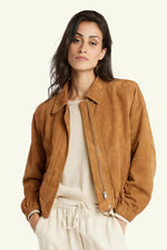 Slim cognac suede bomber in goat suede, elasticated cuffs and hem. - Image n°3