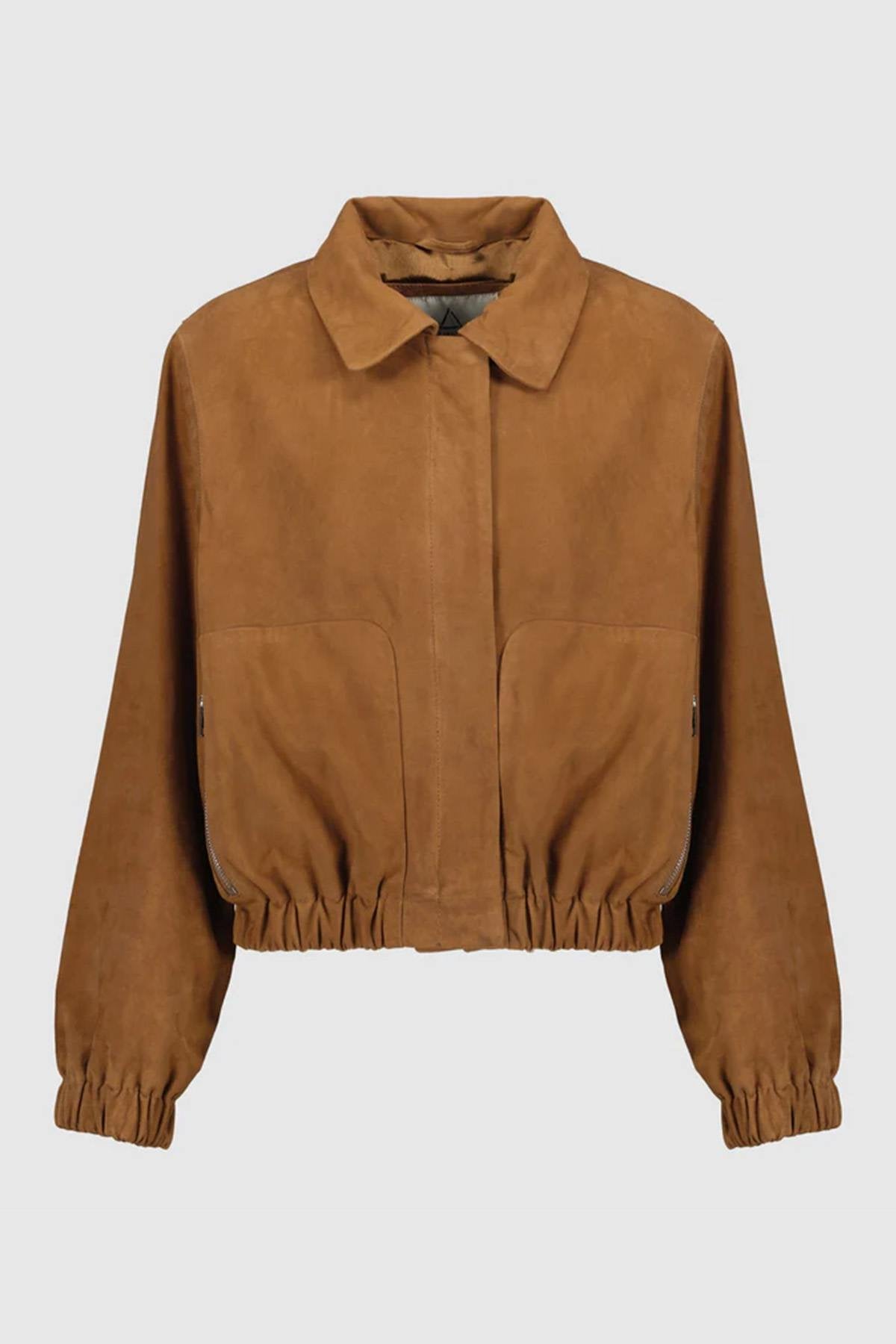 Slim cognac suede bomber in goat suede, elasticated cuffs and hem. - Image n°5