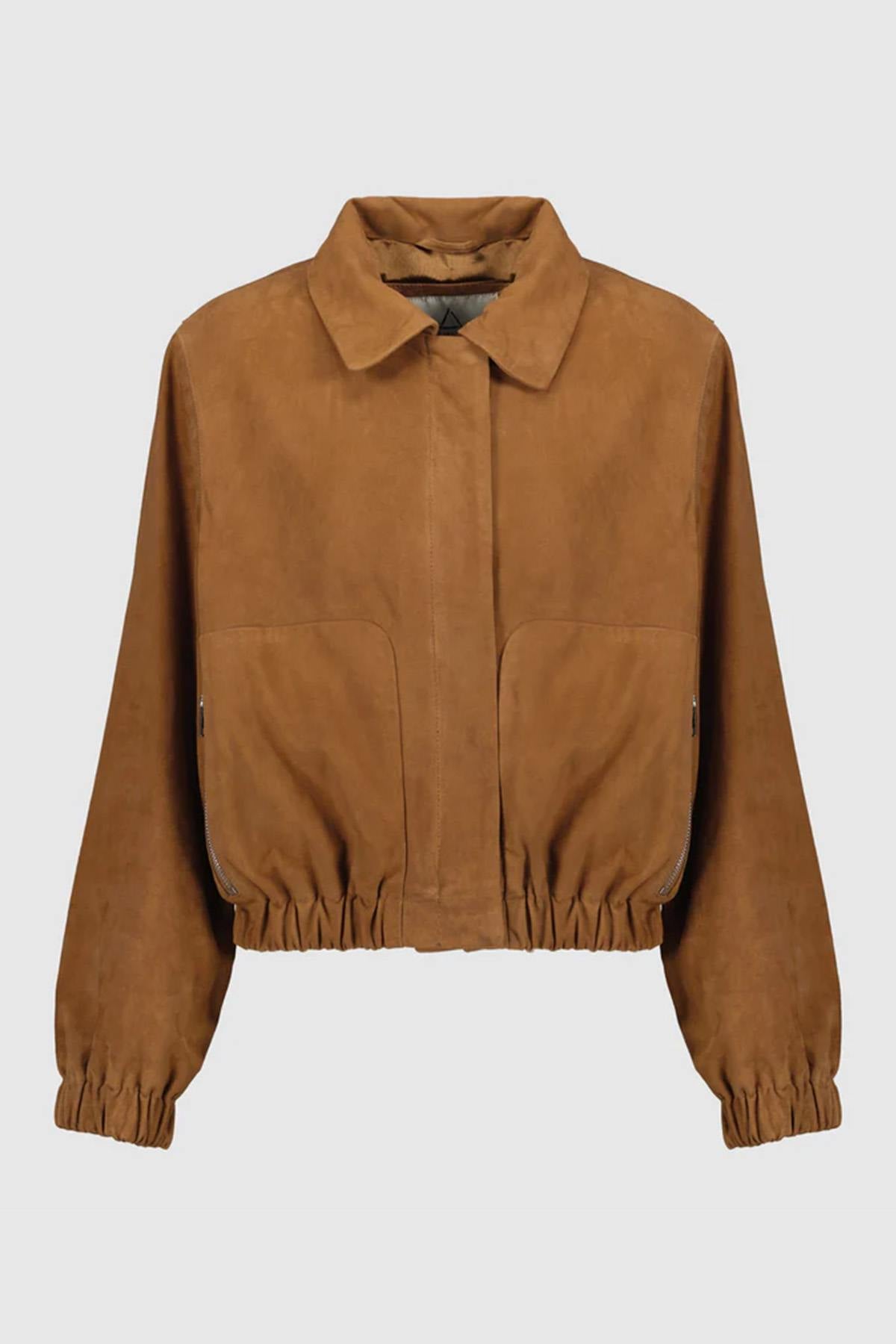Slim cognac suede bomber in goat suede, elasticated cuffs and hem. - Image n°5