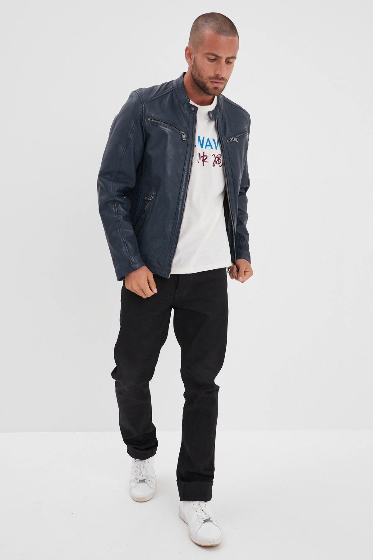Men's navy blue vegetable leather jacket with biker collar - Image n°11
