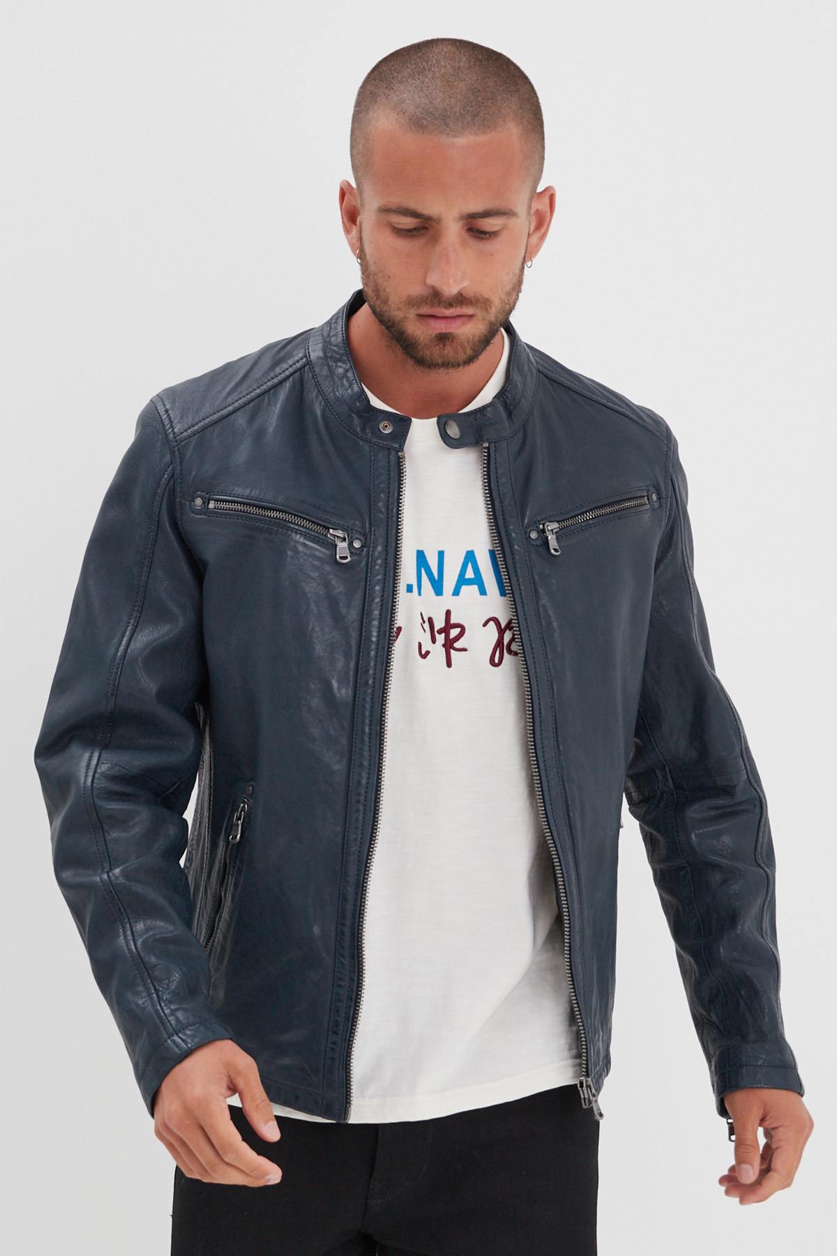 Men’s Navy Blue Leather Jacket with Biker Collar - Image n°8