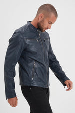 Men's navy blue vegetable leather jacket with biker collar - Image n°10