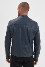 Men’s Navy Blue Leather Jacket with Biker Collar - Image n°12