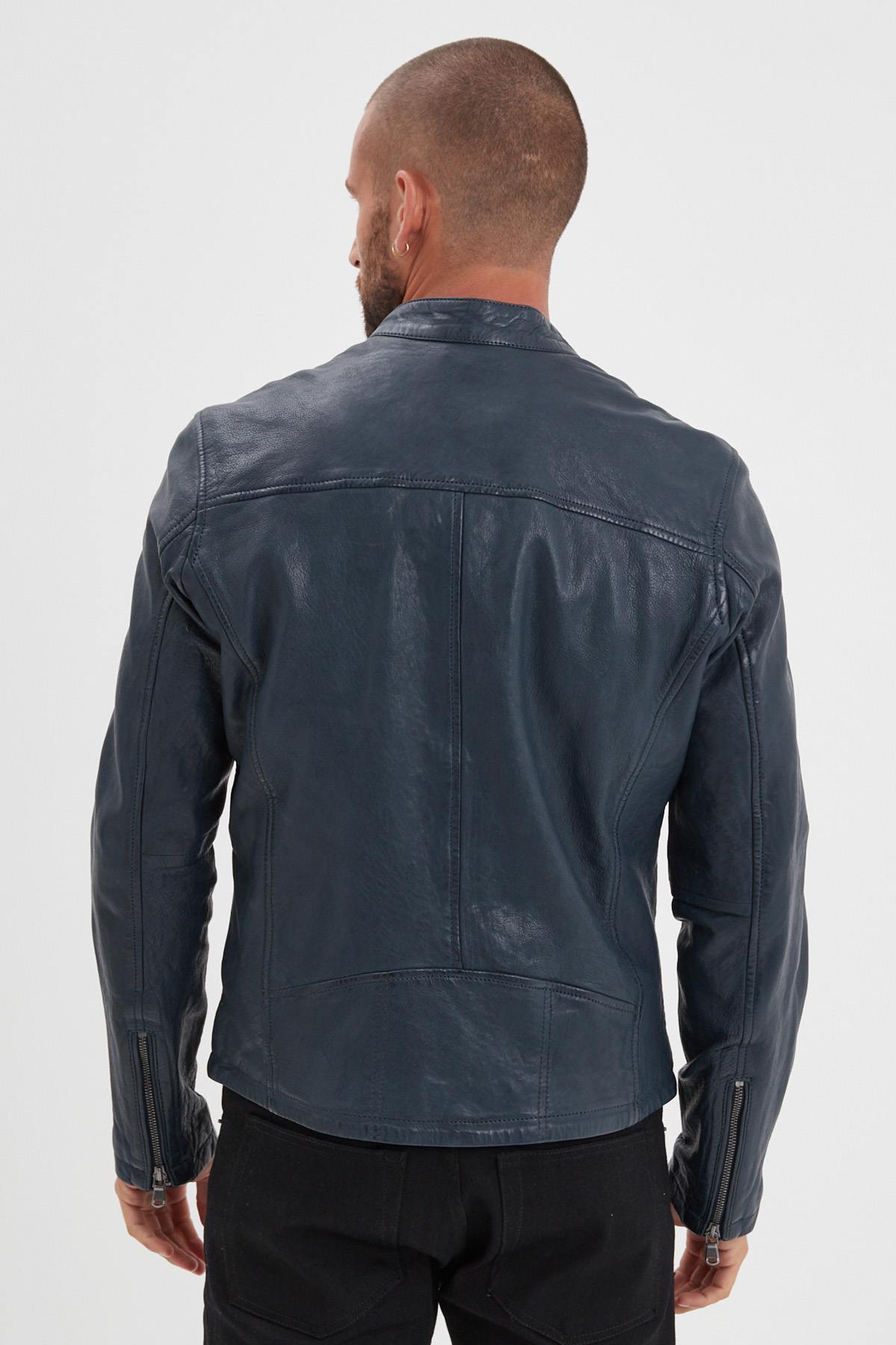 Men’s Navy Blue Leather Jacket with Biker Collar - Image n°12