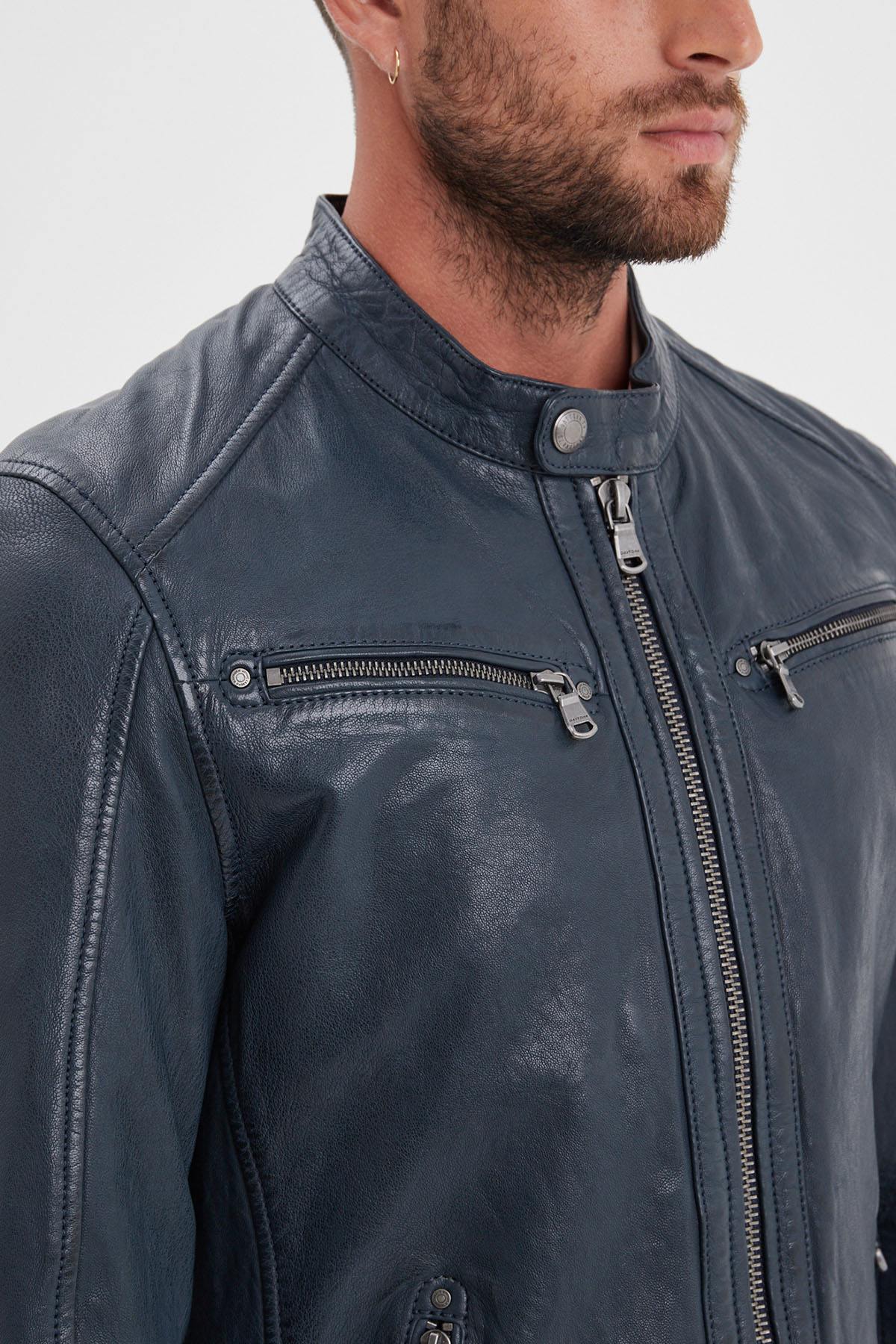 Navy blue lambskin jacket with a biker collar and regular fit. - Image n°9