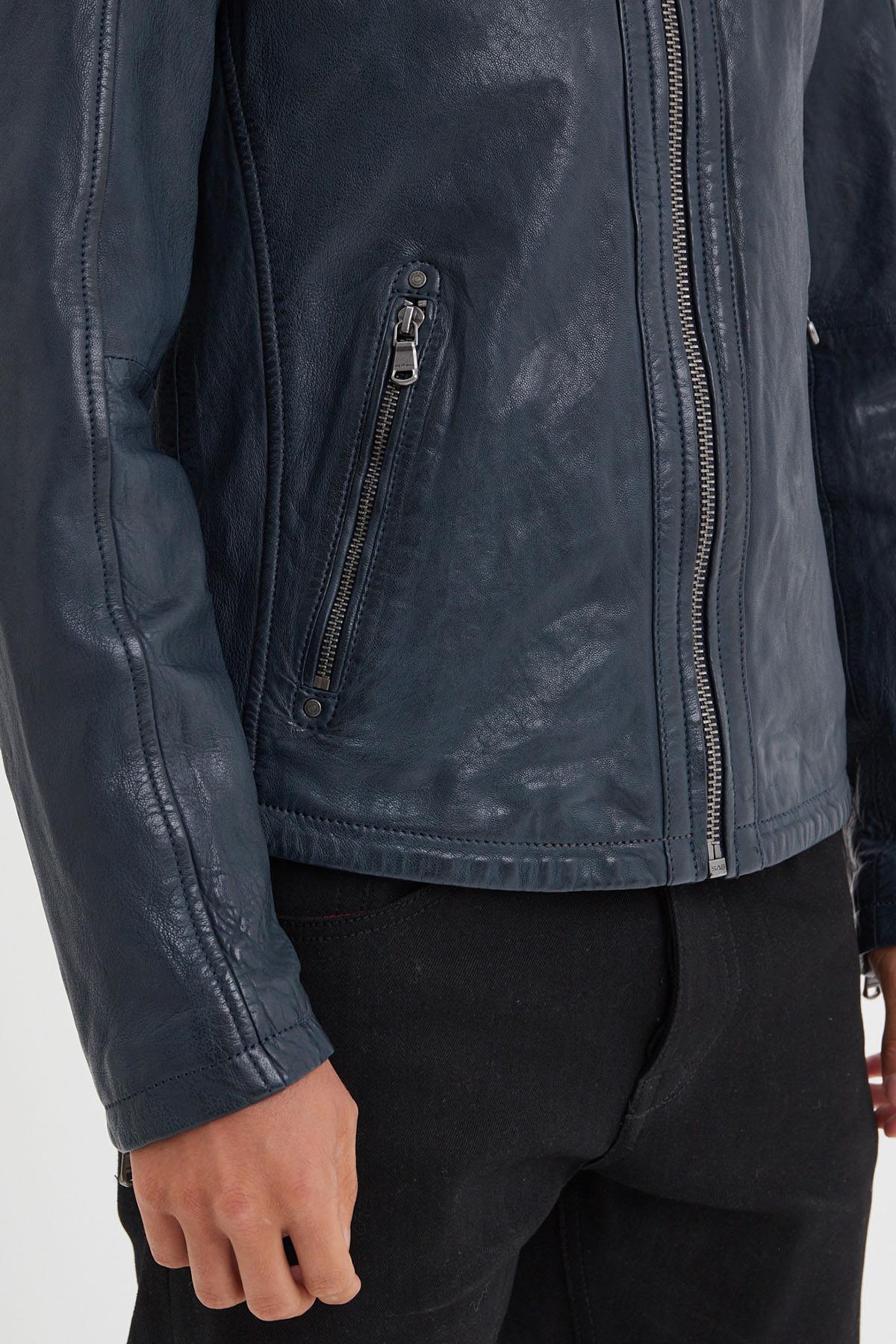 Navy blue lambskin jacket with a biker collar and regular fit. - Image n°13