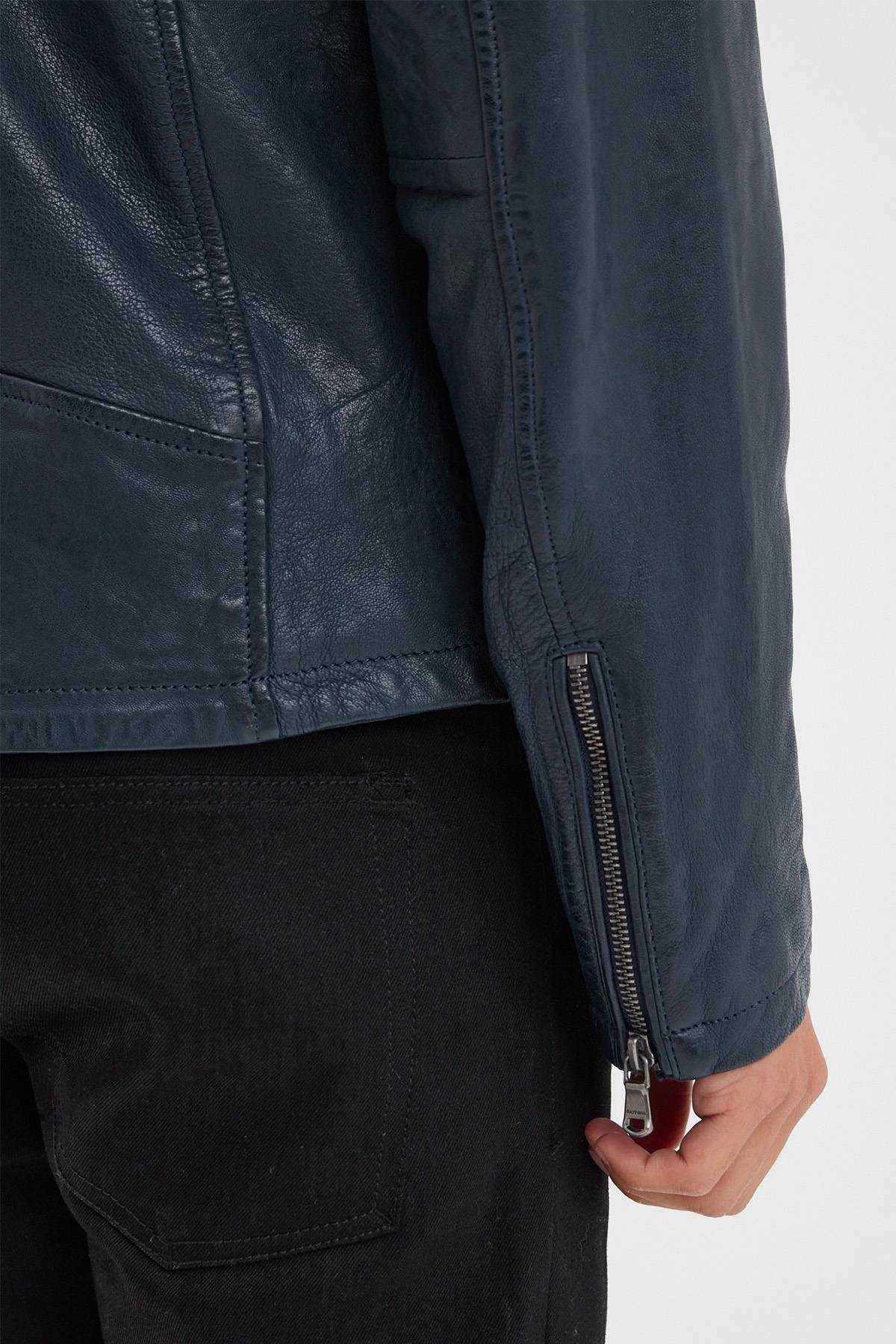 Men's navy blue vegetable leather jacket with biker collar - Image n°14