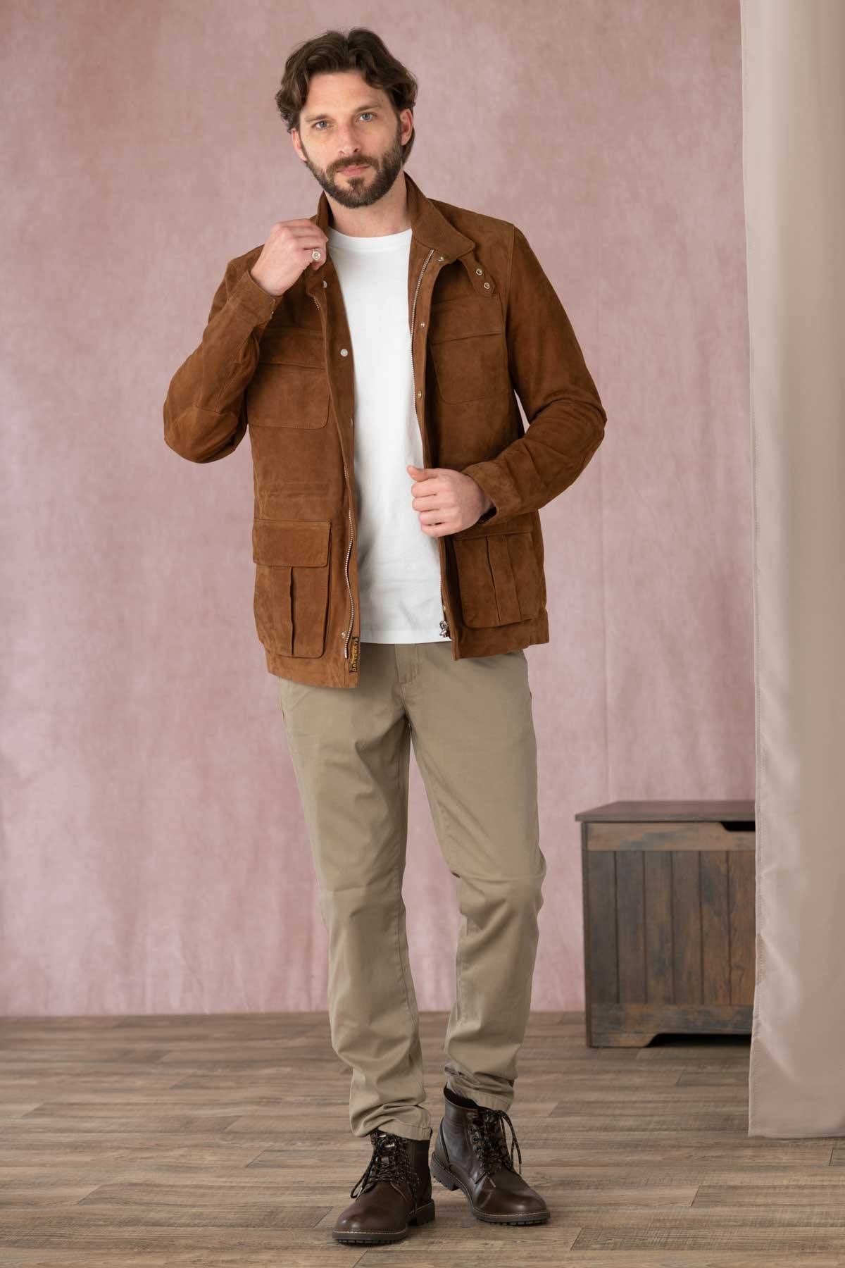 Tobacco goat suede jacket: military roots, soft, timeless regular cut. - Image n°2
