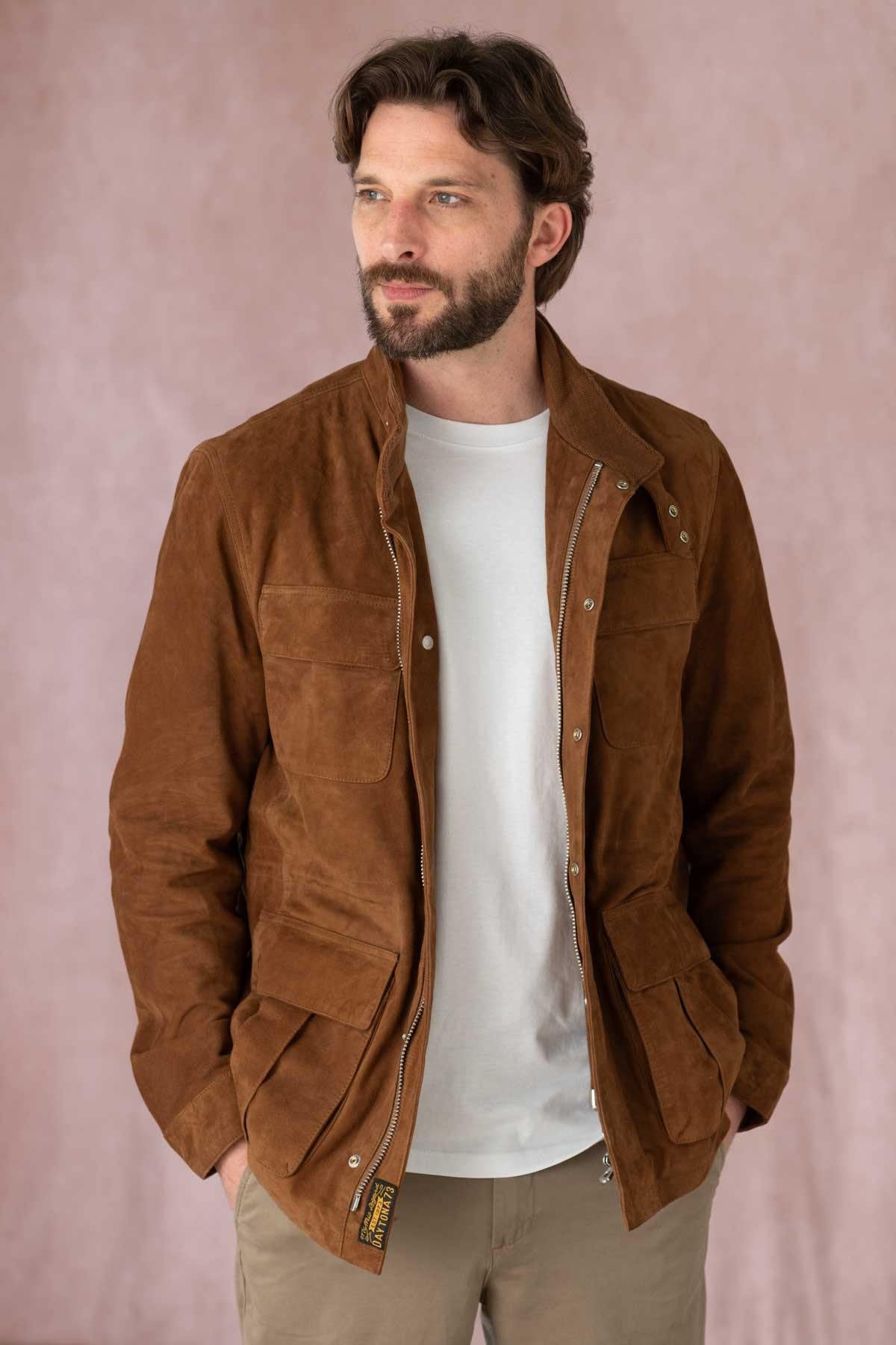 Tobacco goat suede jacket: military roots, soft, timeless regular cut. - Image n°1
