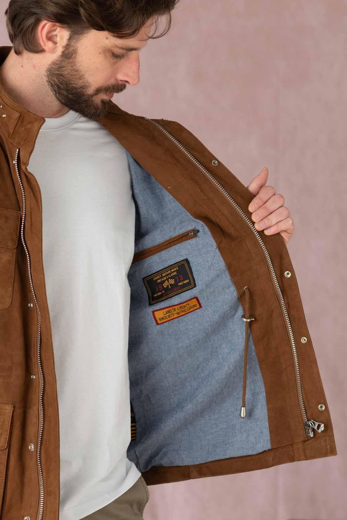Tobacco goat suede jacket: military roots, soft, timeless regular cut. - Image n°7