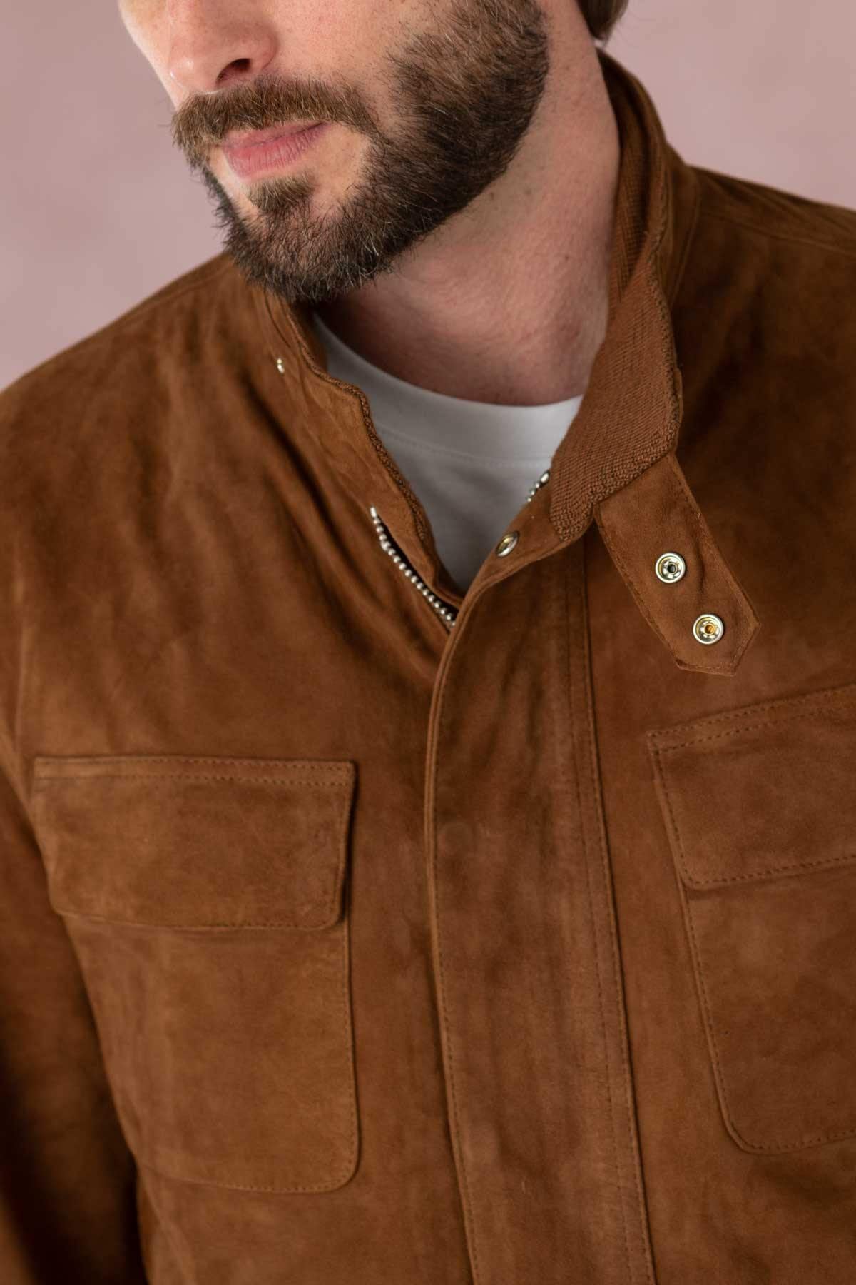 Tobacco goat suede jacket: military roots, soft, timeless regular cut. - Image n°3