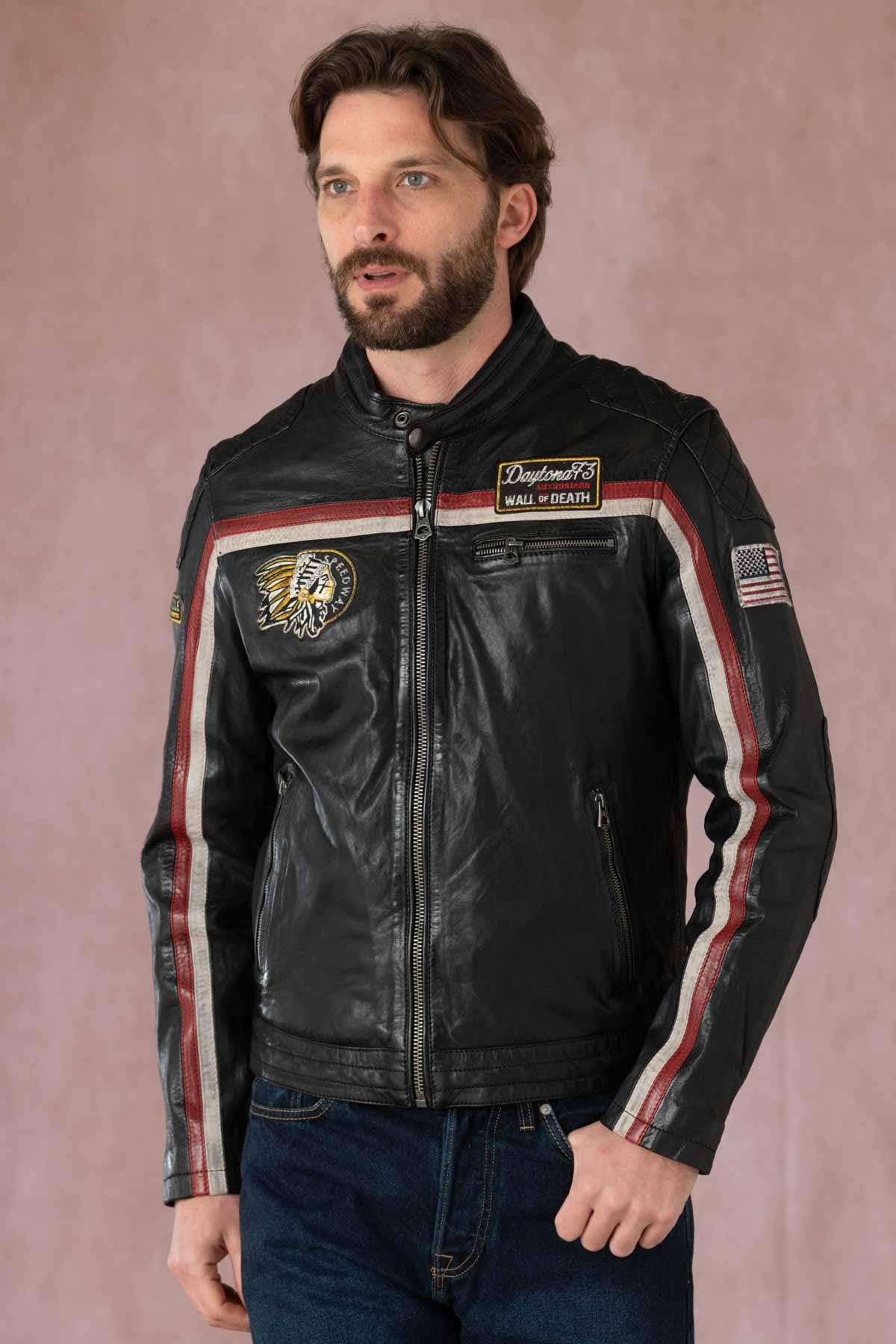 Supple lambskin biker jacket with bold red stripes. Road-ready. - Image n°1