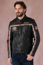Supple lambskin biker jacket with bold red stripes. Road-ready. - Image n°1