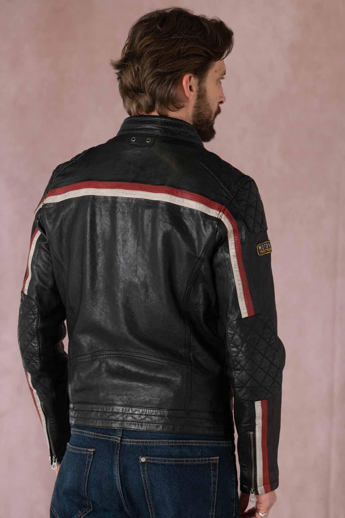 Supple lambskin biker jacket with bold red stripes. Road-ready. - Image n°5