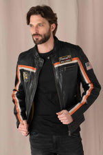 Black lambskin biker jacket with orange accents, sleek and sporty. - Image n°4
