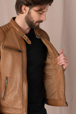 Caramel-colored leather jacket with biker collar - Image n°6