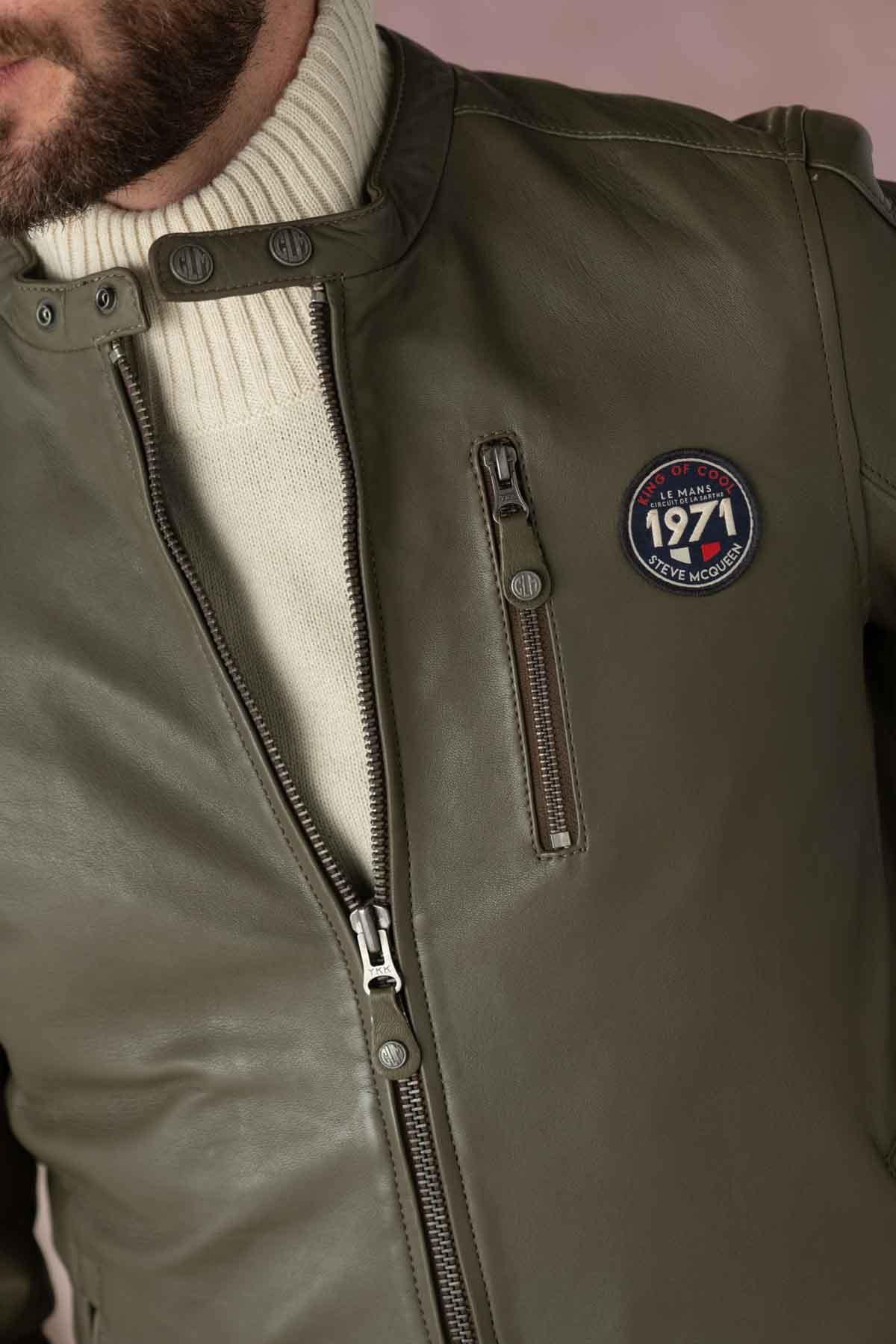 Slim khaki sheep leather jacket. Biker edge, McQueen's timeless touch. - Image n°9