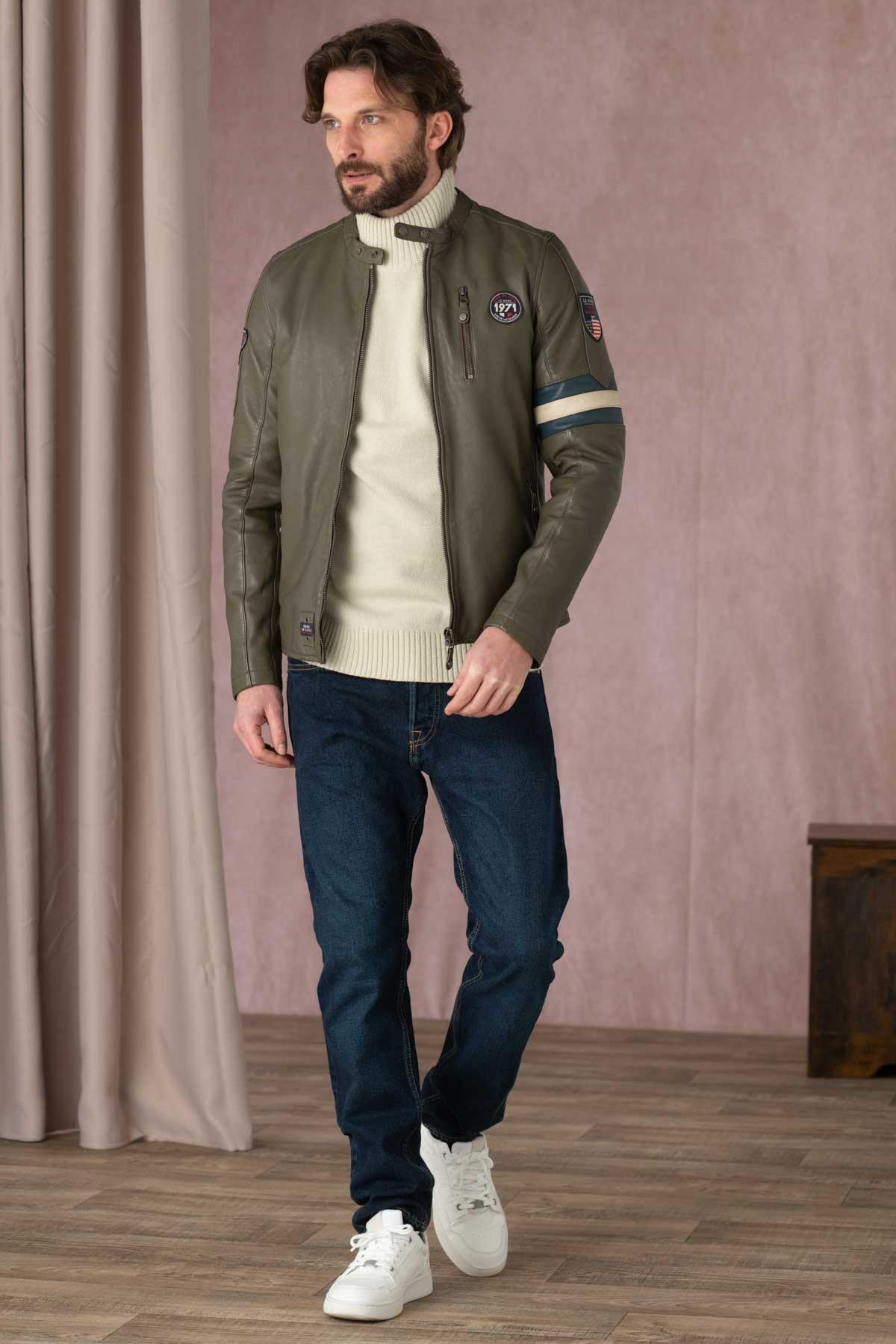 Slim khaki sheep leather jacket. Biker edge, McQueen's timeless touch. - Image n°4