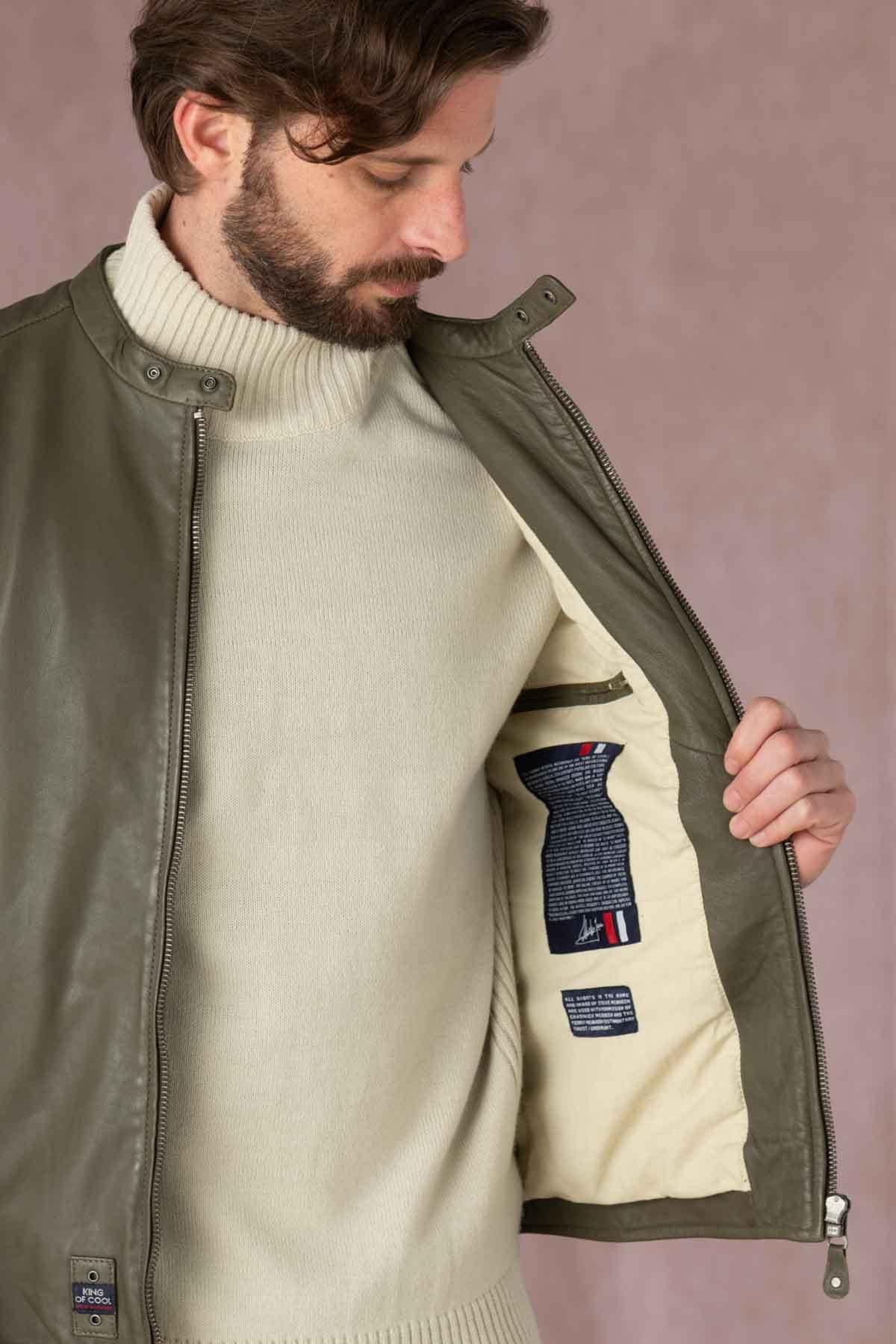 Slim khaki sheep leather jacket. Biker edge, McQueen's timeless touch. - Image n°11