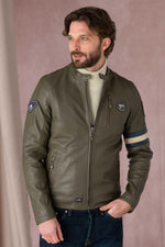 Khaki racing style leather jacket for Men - Image n°6
