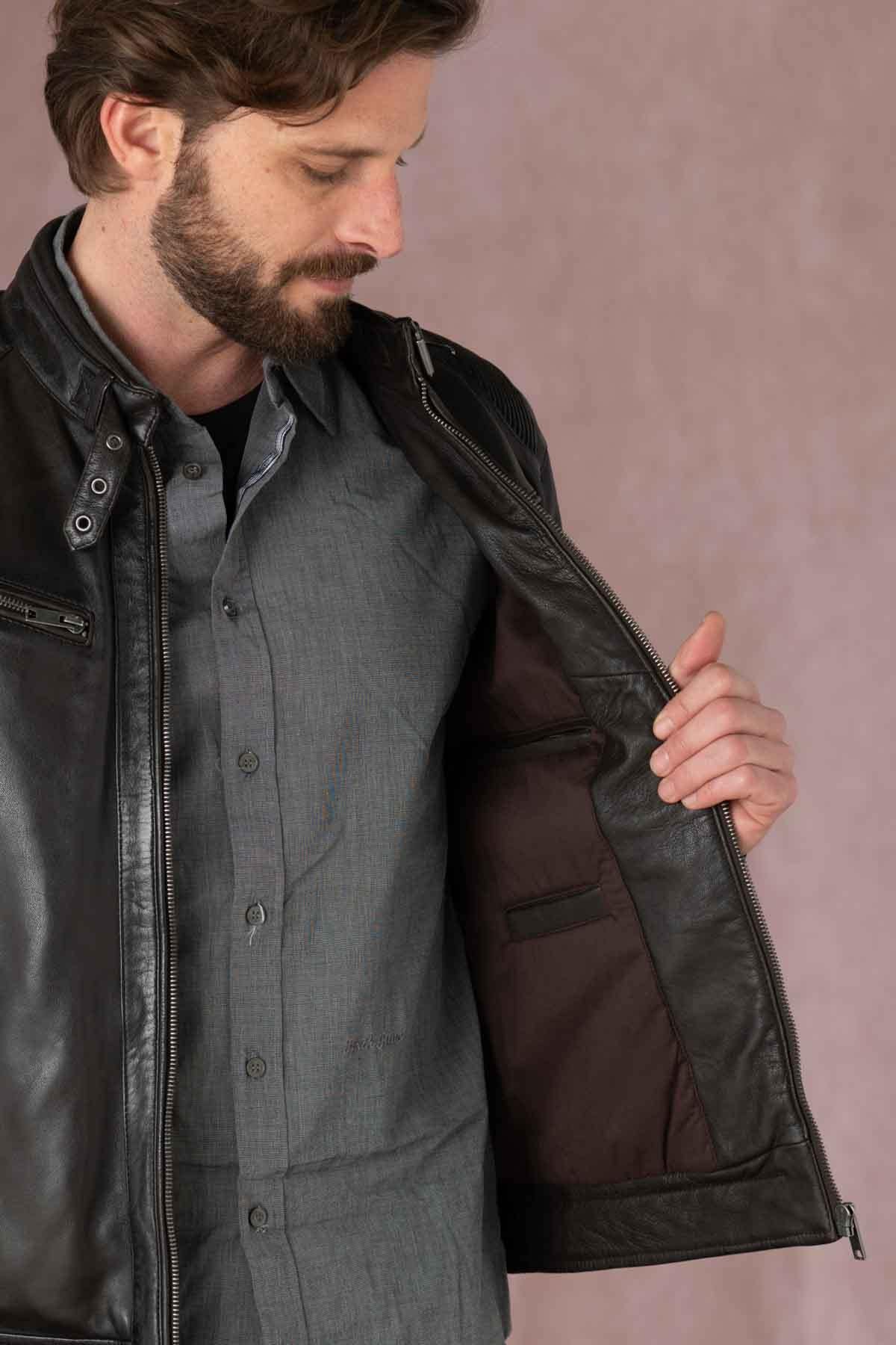 Deep brown sheepskin jacket, supple and durable. Timeless regular fit. - Image n°5
