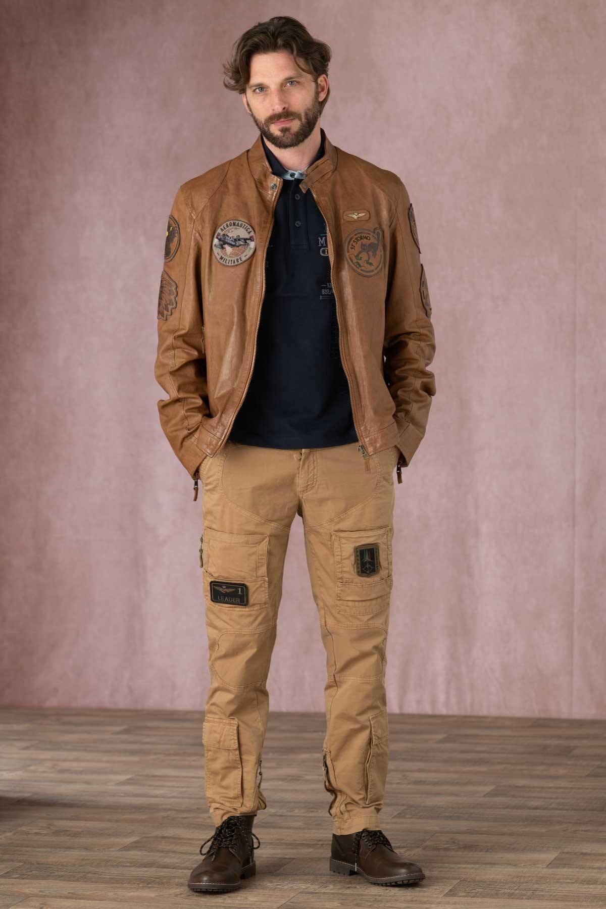Leather bomber jacket with patches - Image n°2