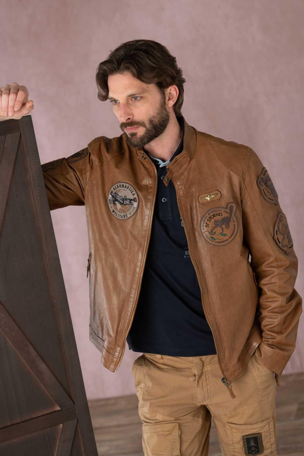 Slim Italian sheepskin jacket with 51st Wing patches. Unlined. - Image n°1