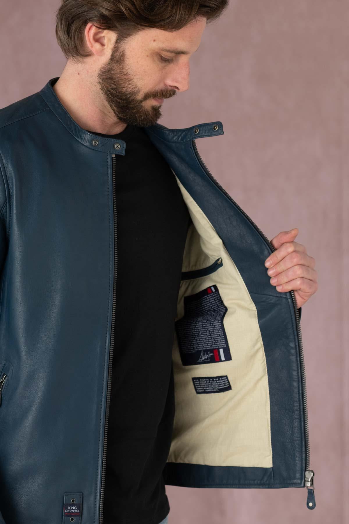 Slim biker jacket in royal blue sheep leather, Steve McQueen-inspired. - Image n°7