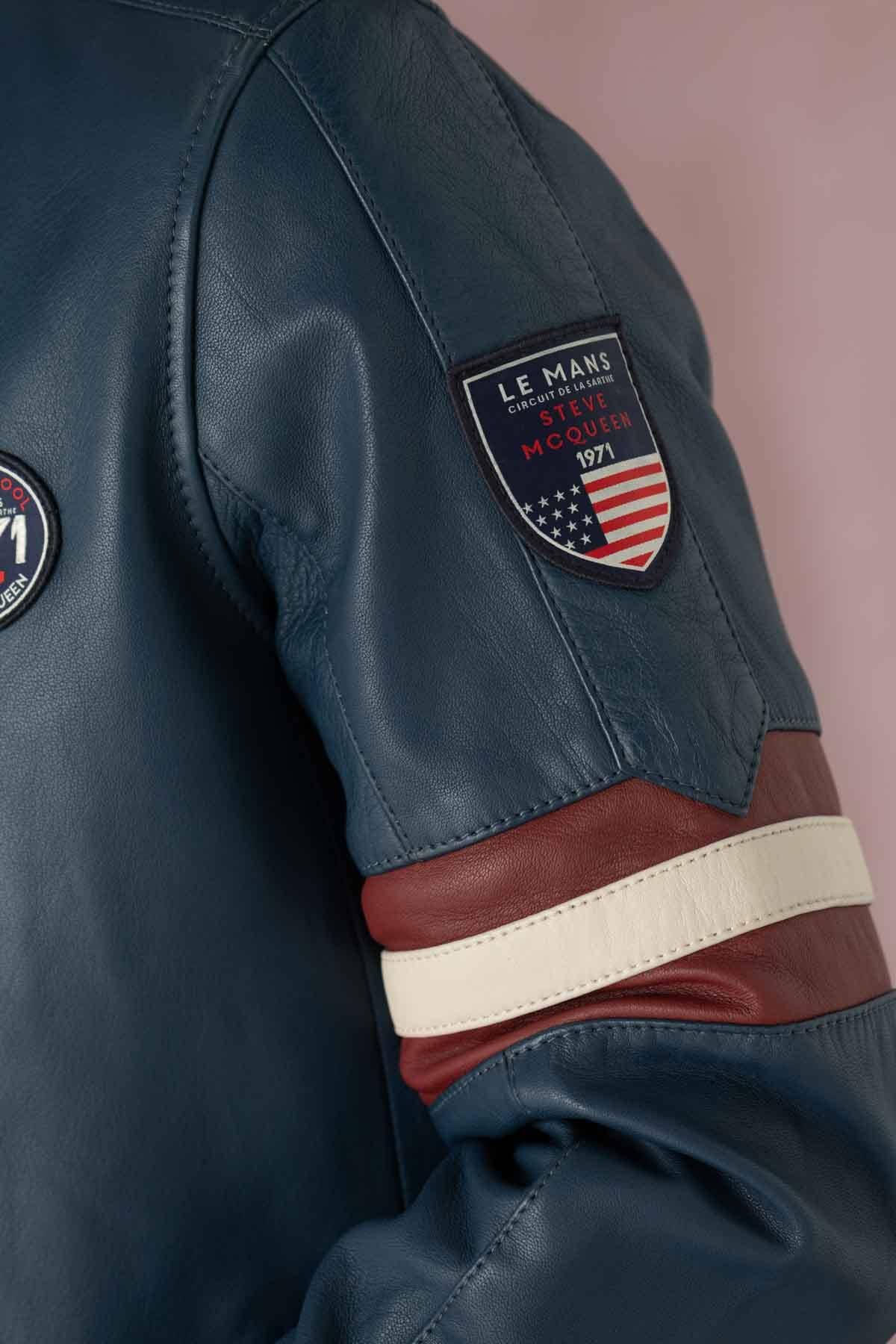 Slim biker jacket in royal blue sheep leather, Steve McQueen-inspired. - Image n°6
