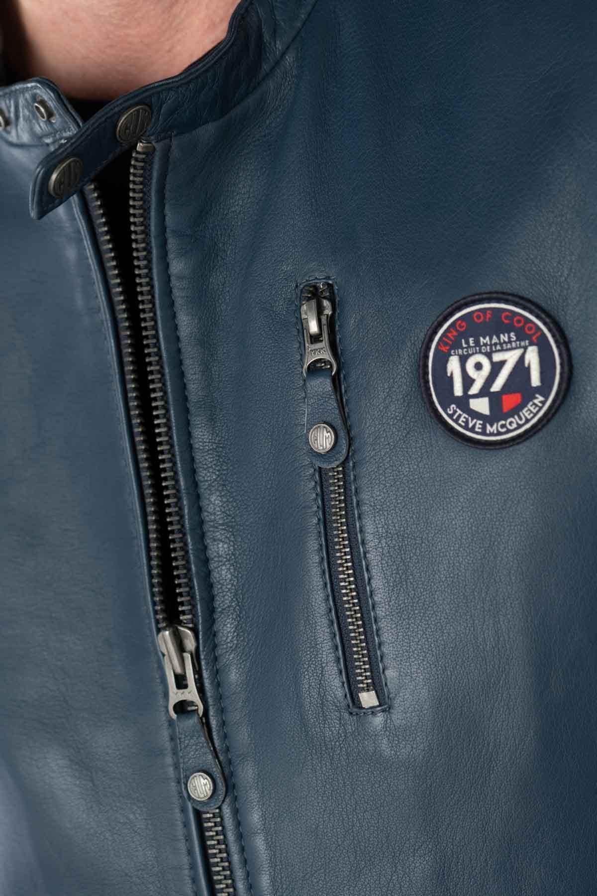 Slim biker jacket in royal blue sheep leather, Steve McQueen-inspired. - Image n°2