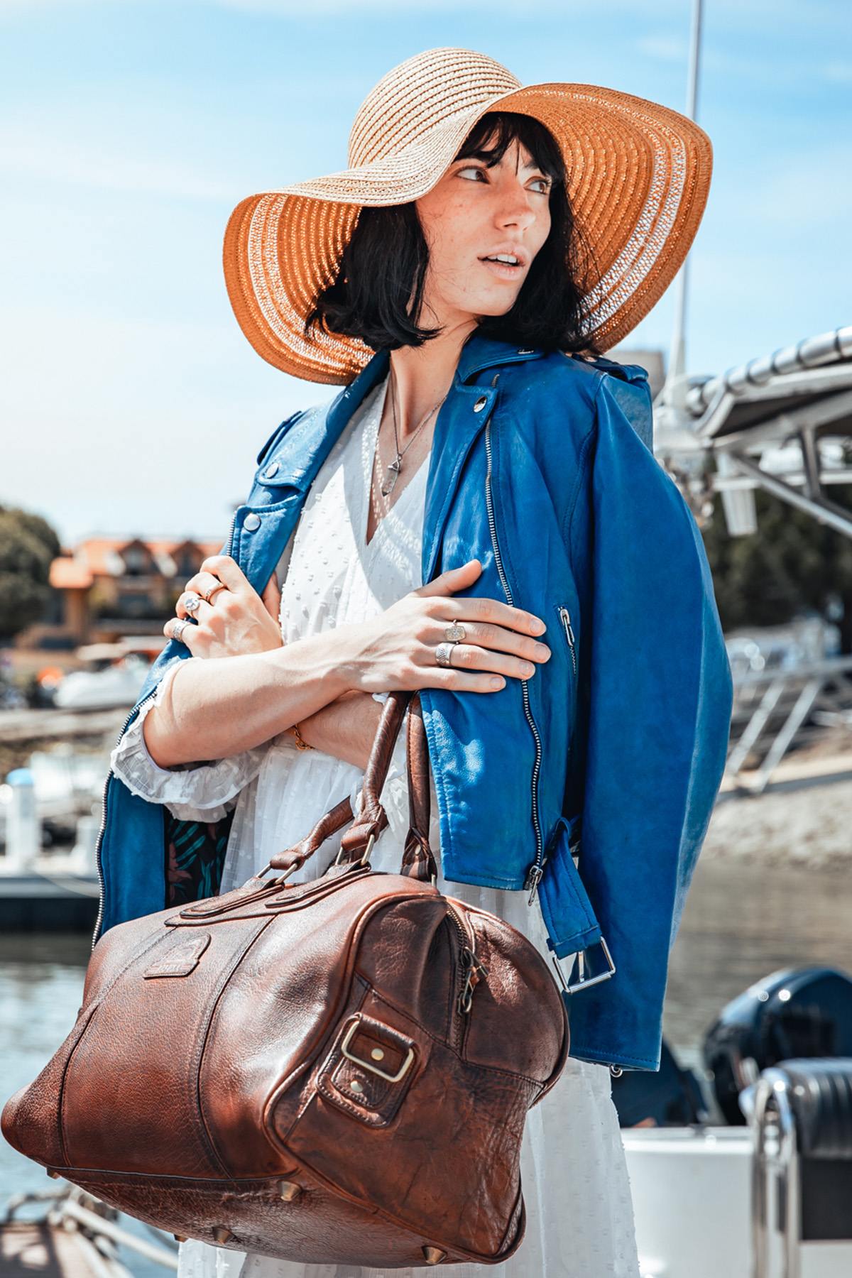 Blue water lambskin perfecto with floral lining and . - Image n°11