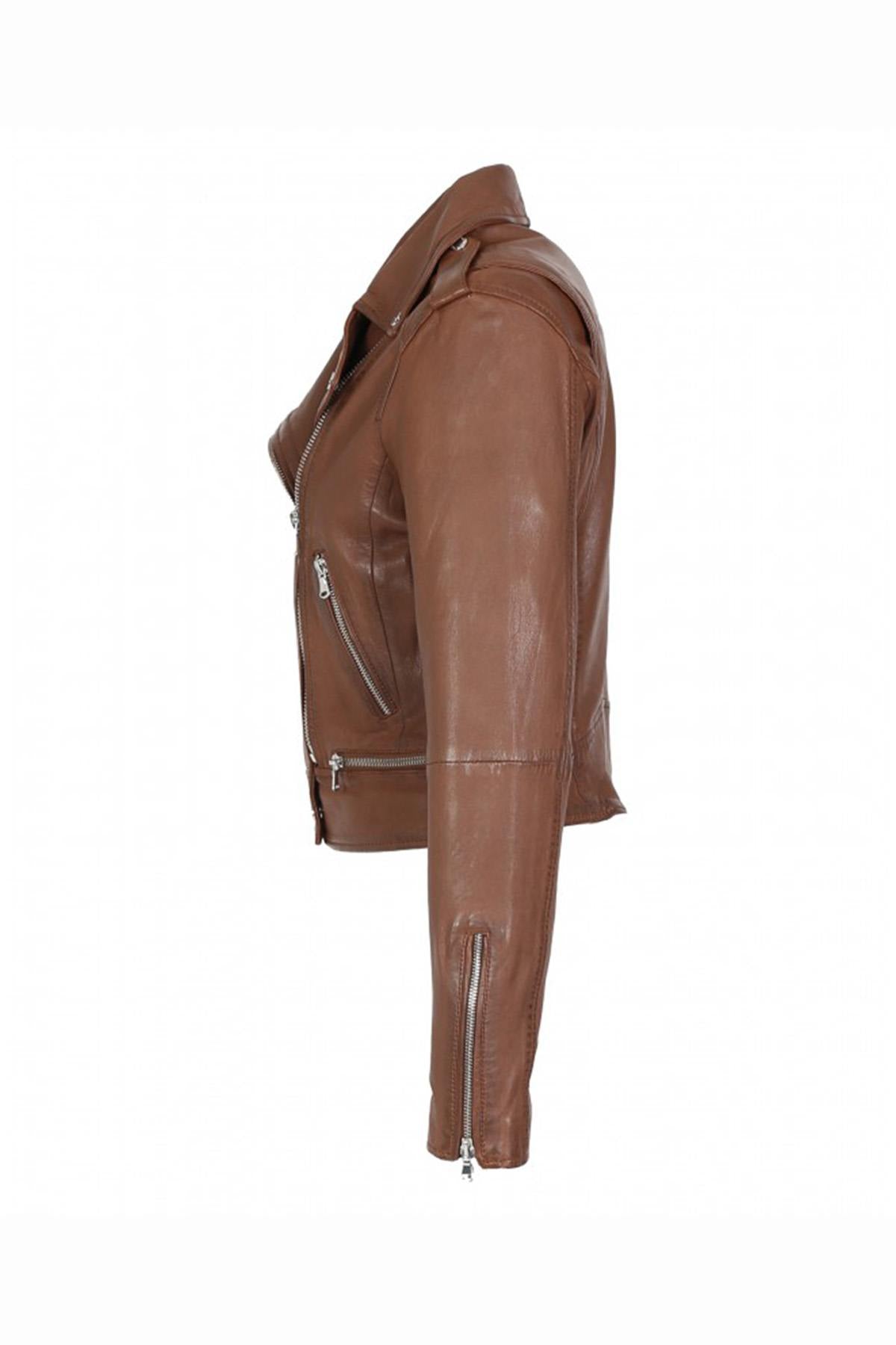 Slim biker jacket in washed sheepskin leather. Vintage tan finish. - Image n°10