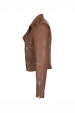 Slim biker jacket in washed sheepskin leather. Vintage tan finish. - Image n°10